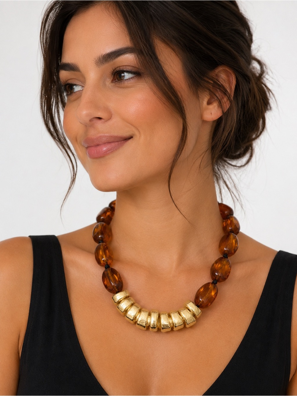 NEW Chunky Amber Look‎ Acrylic Bead Necklace Gold Tone Statement